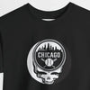 Black Chicago Stealie skull T-shirt with circular logo graphic at center chest
