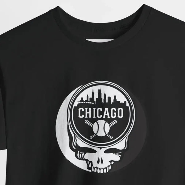 Black Chicago Stealie skull T-shirt with circular logo graphic at center chest