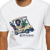 White graphic T-shirt with golf-cart cartoon and “Life is dead” front print