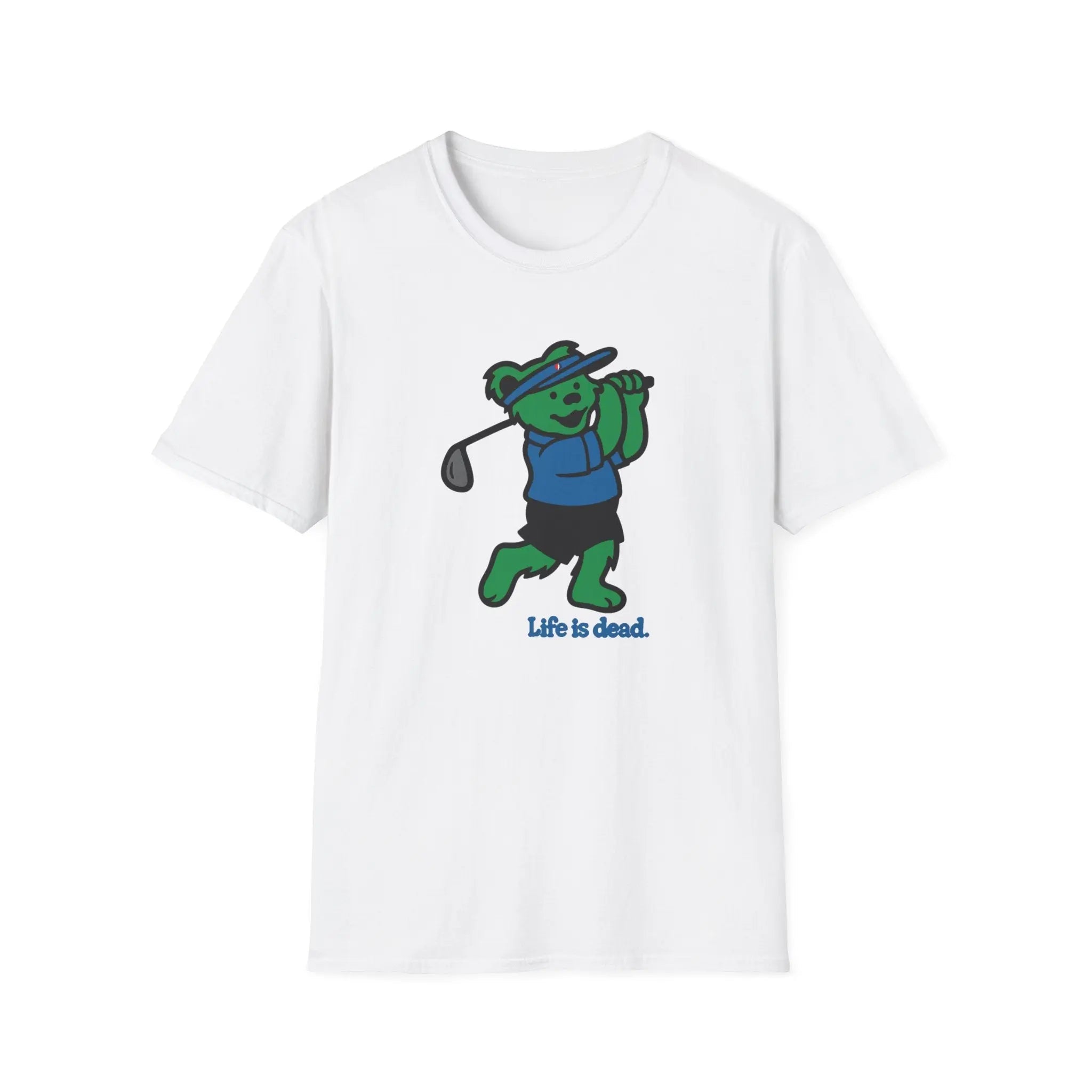 White graphic T-shirt with cartoon bear golfing and 'Life is dead.' print