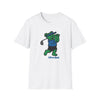 White graphic T-shirt with cartoon bear golfing and 'Life is dead.' print