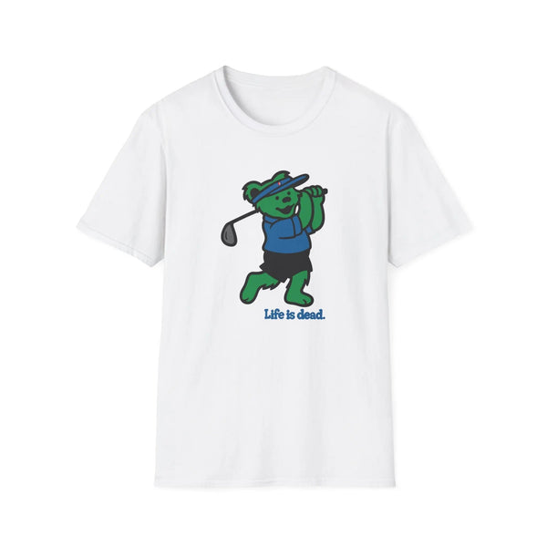 White graphic T-shirt with cartoon bear golfing and 'Life is dead.' print