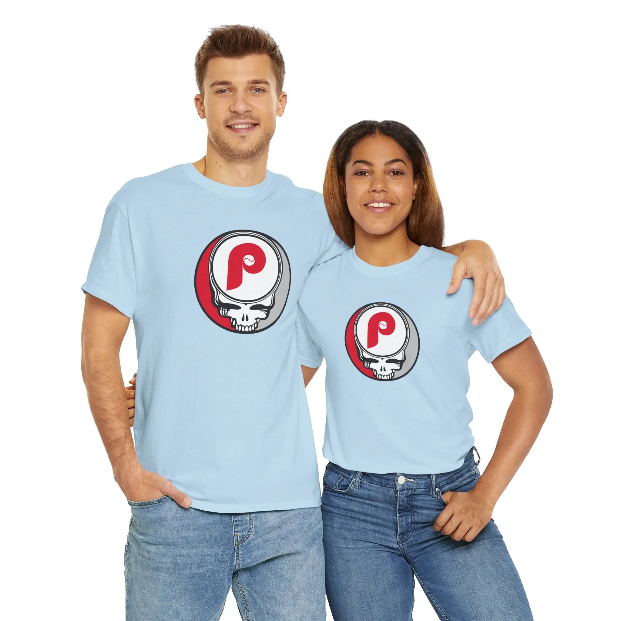 Light blue short-sleeve T-shirt with circular P skull team logo