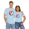 Light blue short-sleeve T-shirt with circular P skull team logo