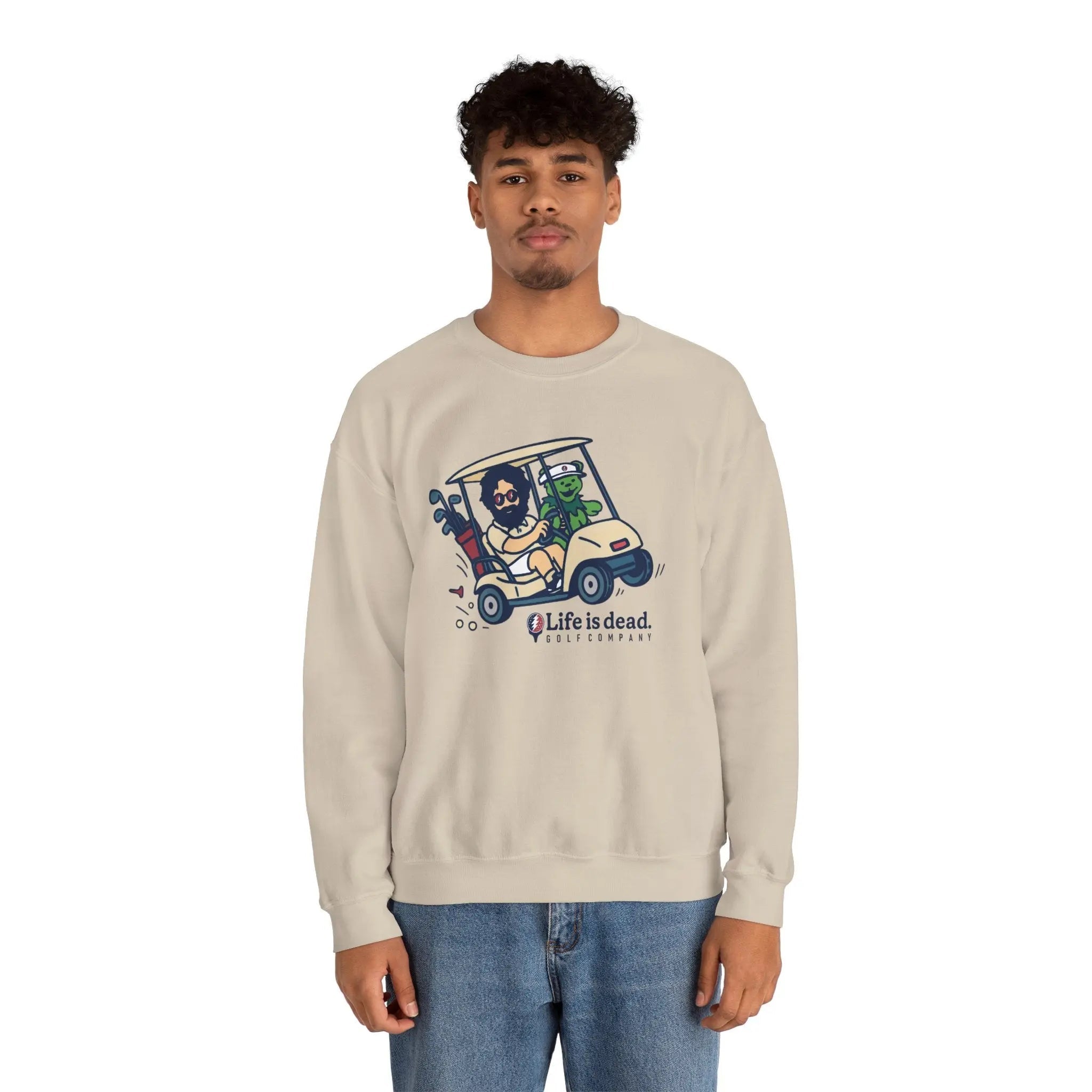 Light sand crewneck sweatshirt with cartoon car-and-characters graphic on chest