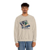 Light sand crewneck sweatshirt with cartoon car-and-characters graphic on chest