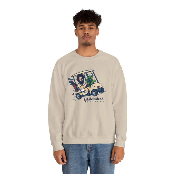 Light sand crewneck sweatshirt with cartoon car-and-characters graphic on chest