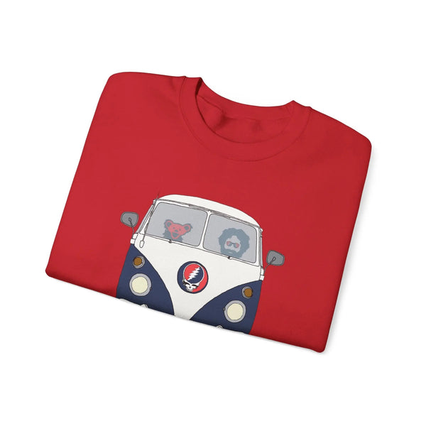 Red crewneck sweatshirt with front bus graphic print