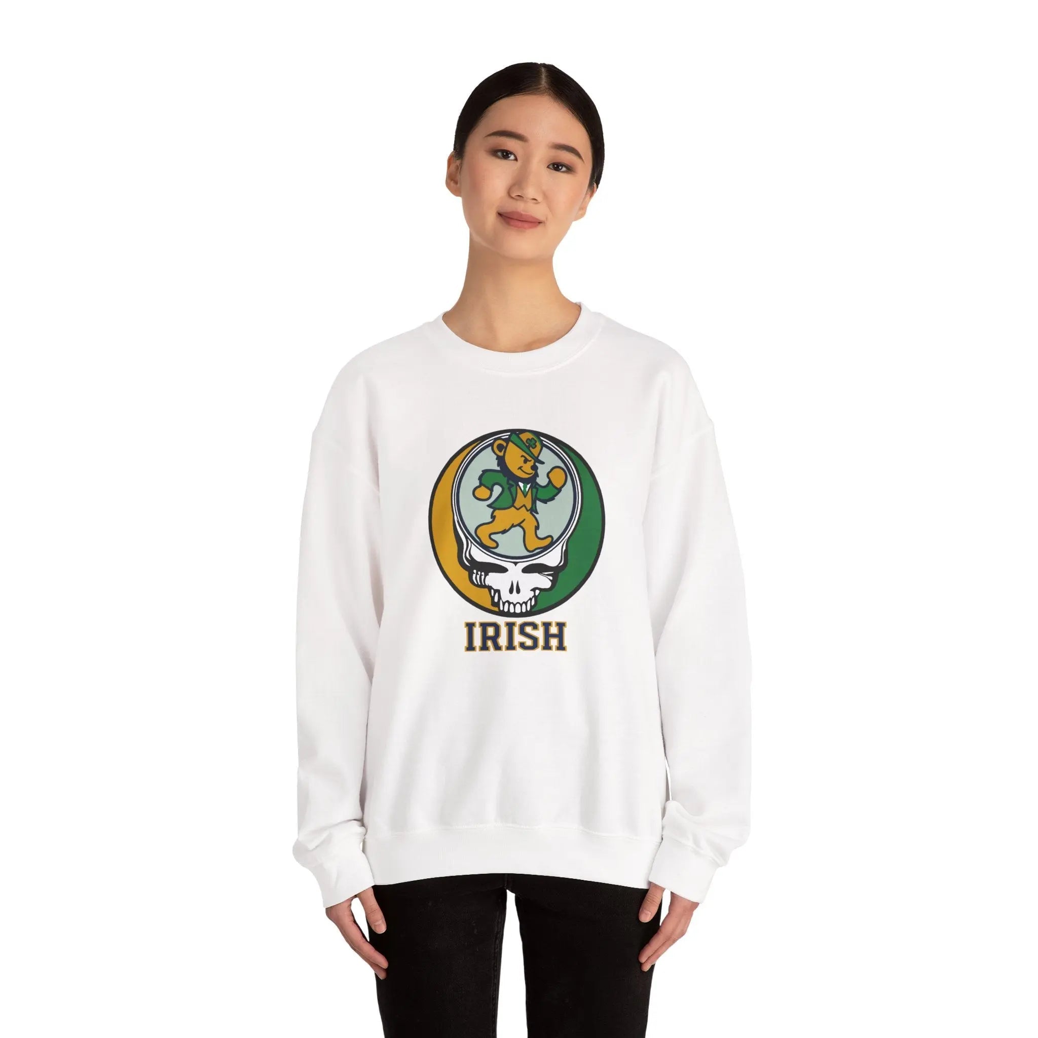 White crewneck sweatshirt with leprechaun Irish graphic and ribbed cuffs