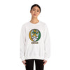 White crewneck sweatshirt with leprechaun Irish graphic and ribbed cuffs