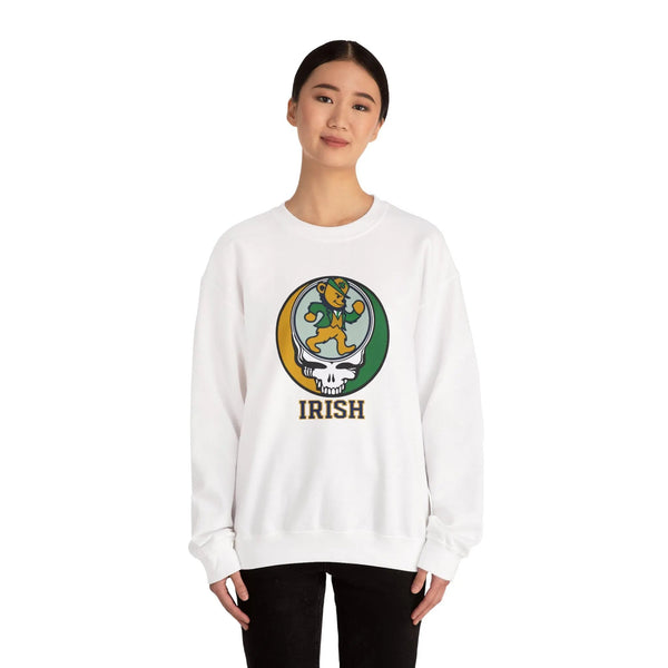 White crewneck sweatshirt with leprechaun Irish graphic and ribbed cuffs