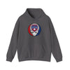 Charcoal gray hoodie with drawstring hood, front pocket, and TEXAS circular skull graphic