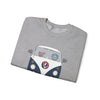 Sport grey crewneck sweatshirt with blue bus graphic, flat lay