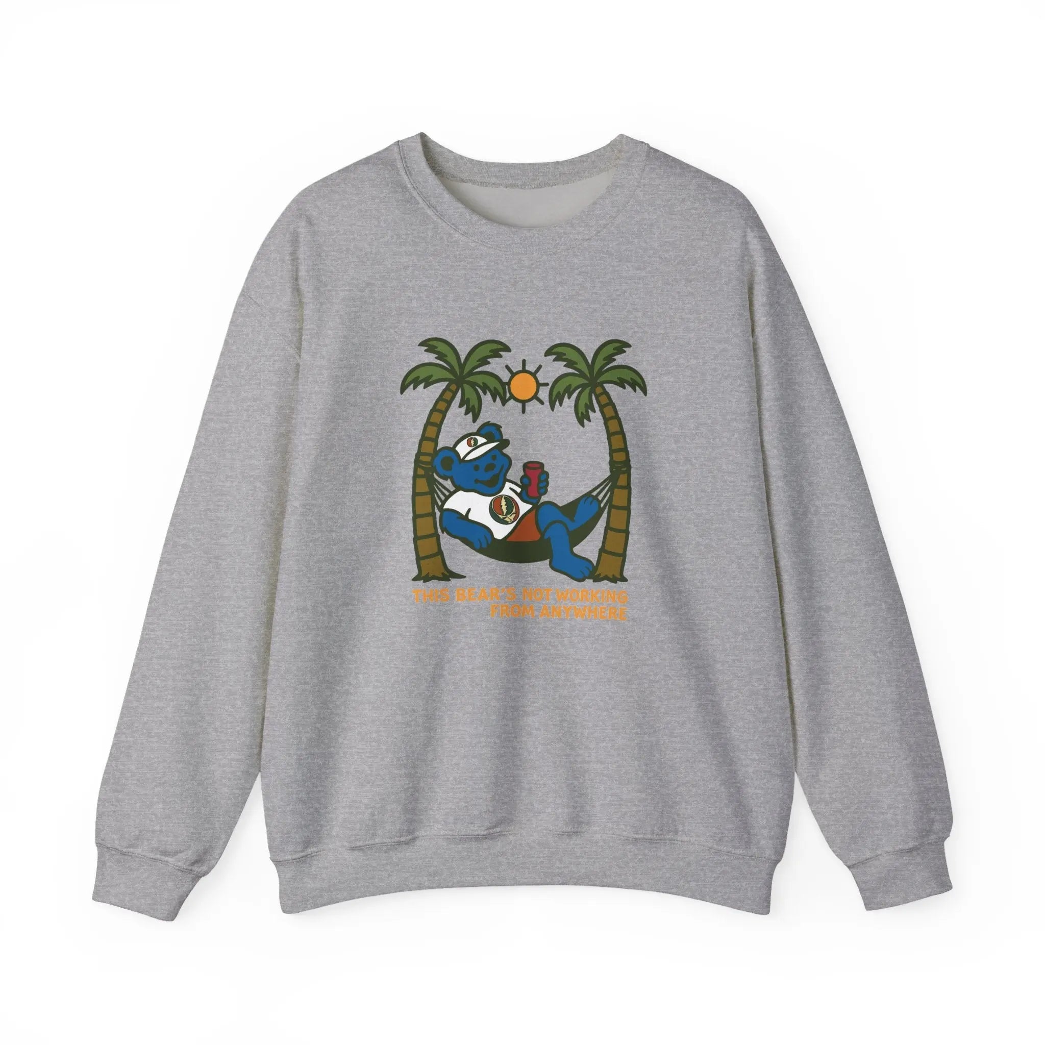 Sport gray crewneck sweatshirt with front bear-and-palm tree graphic