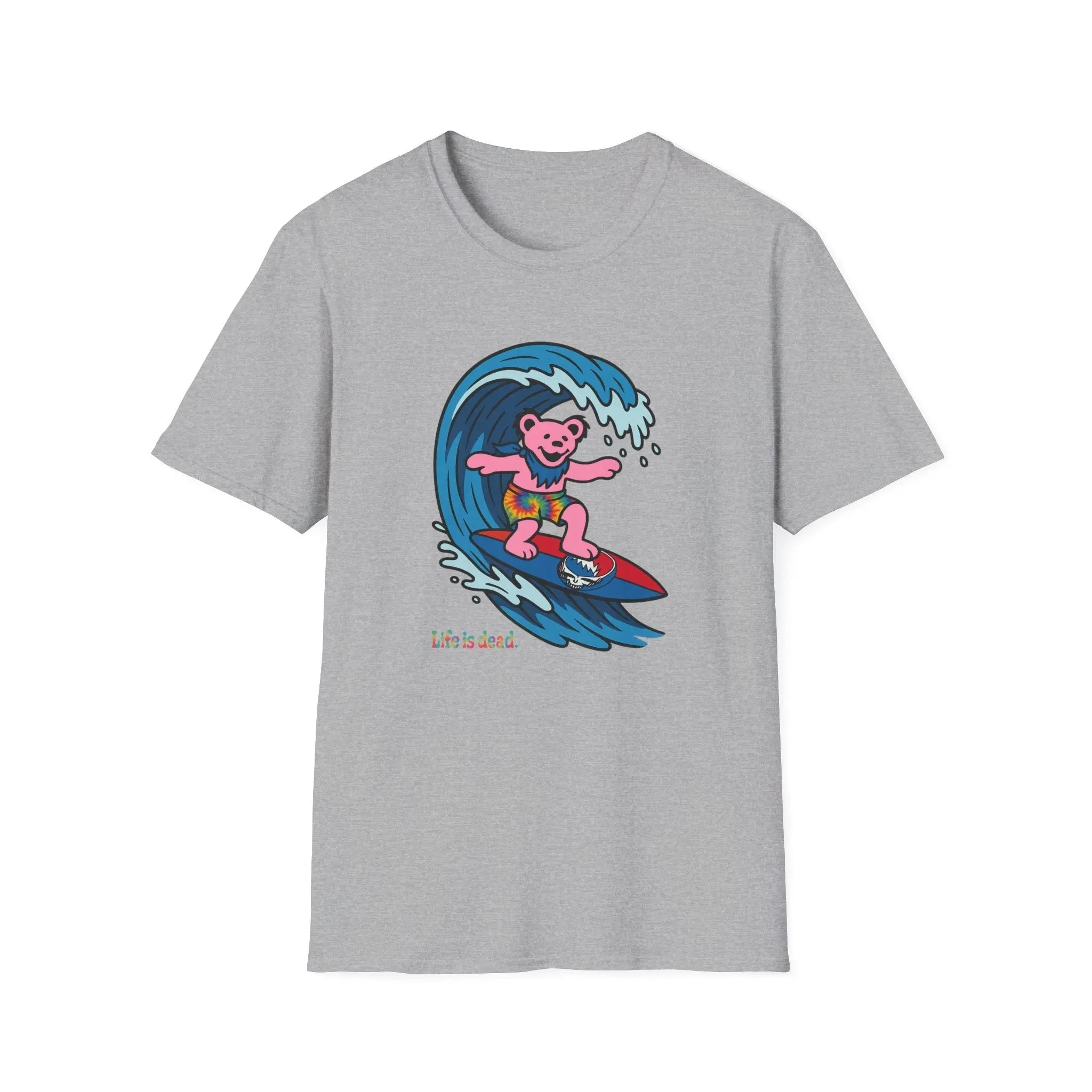 Heather gray T-shirt with pink bear surfing wave graphic and “Life is dead” text