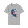 Heather gray T-shirt with pink bear surfing wave graphic and “Life is dead” text