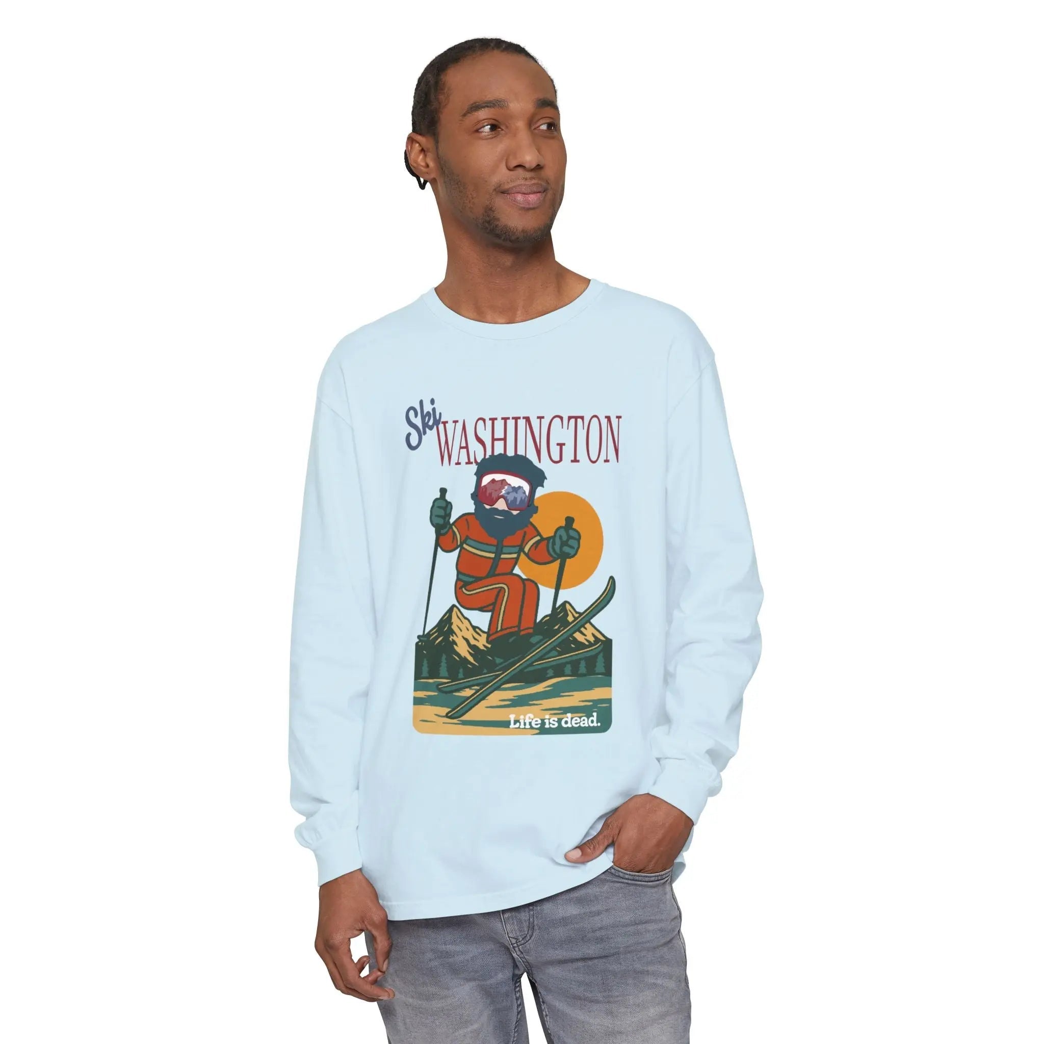 Men's long sleeve t-shirt in light blue with Washington character graphic on chest