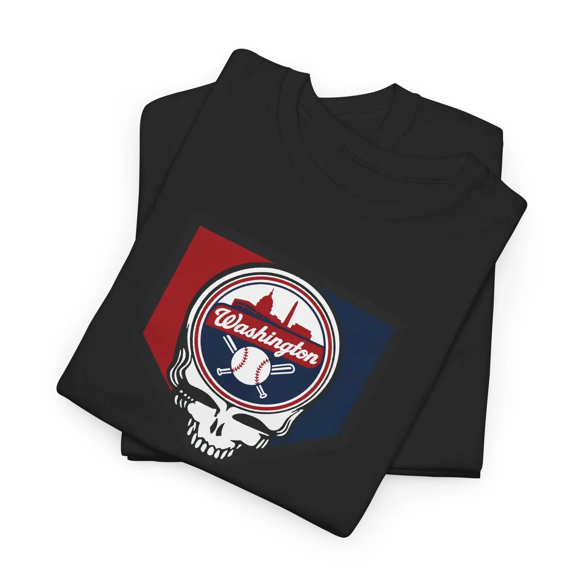 Black short-sleeve T-shirt with large Washington Nationals logo graphic on chest