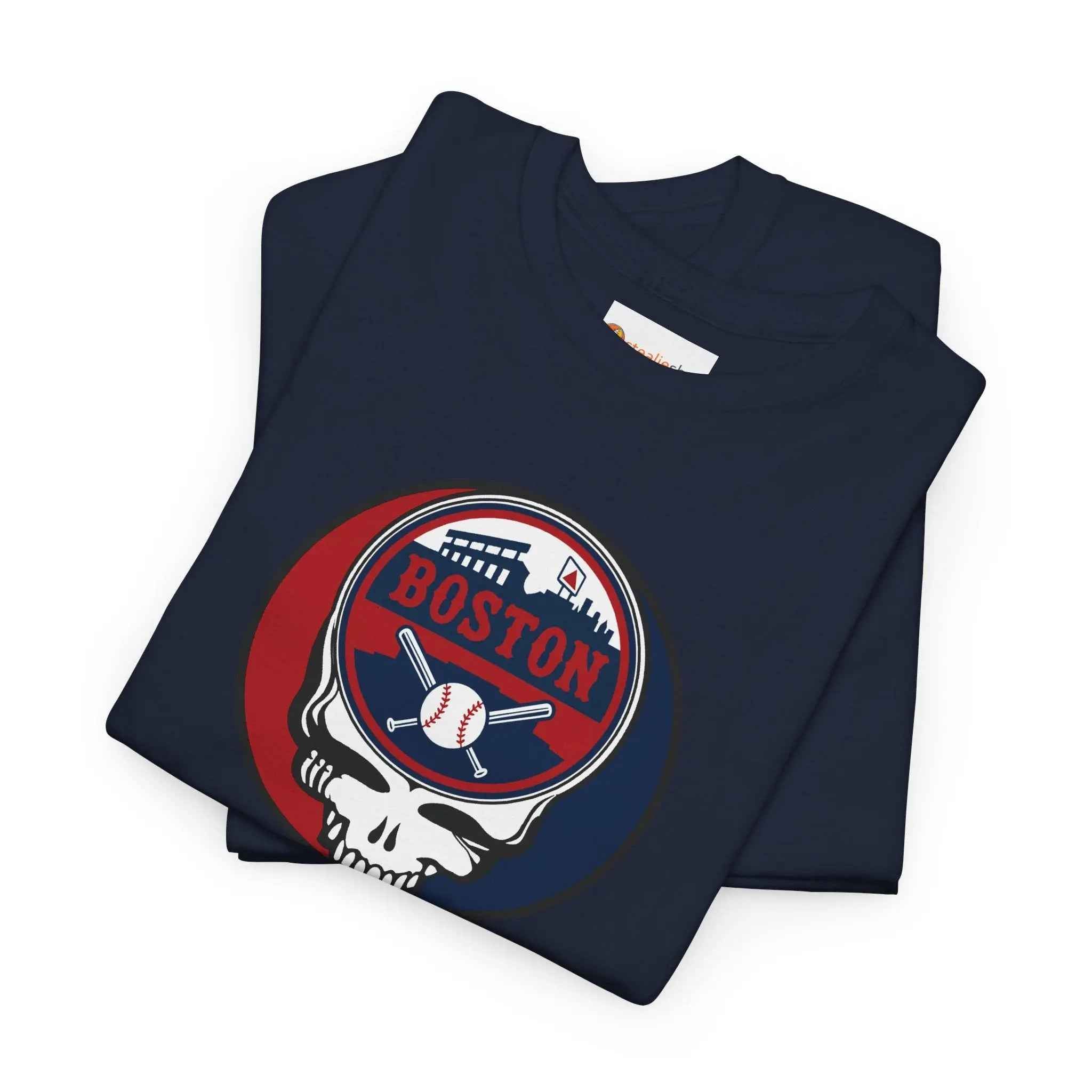 Navy Boston Red Sox T-shirt with circular skull team logo graphic, folded