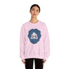 Light pink crewneck sweatshirt with blue face graphic and sunglasses print