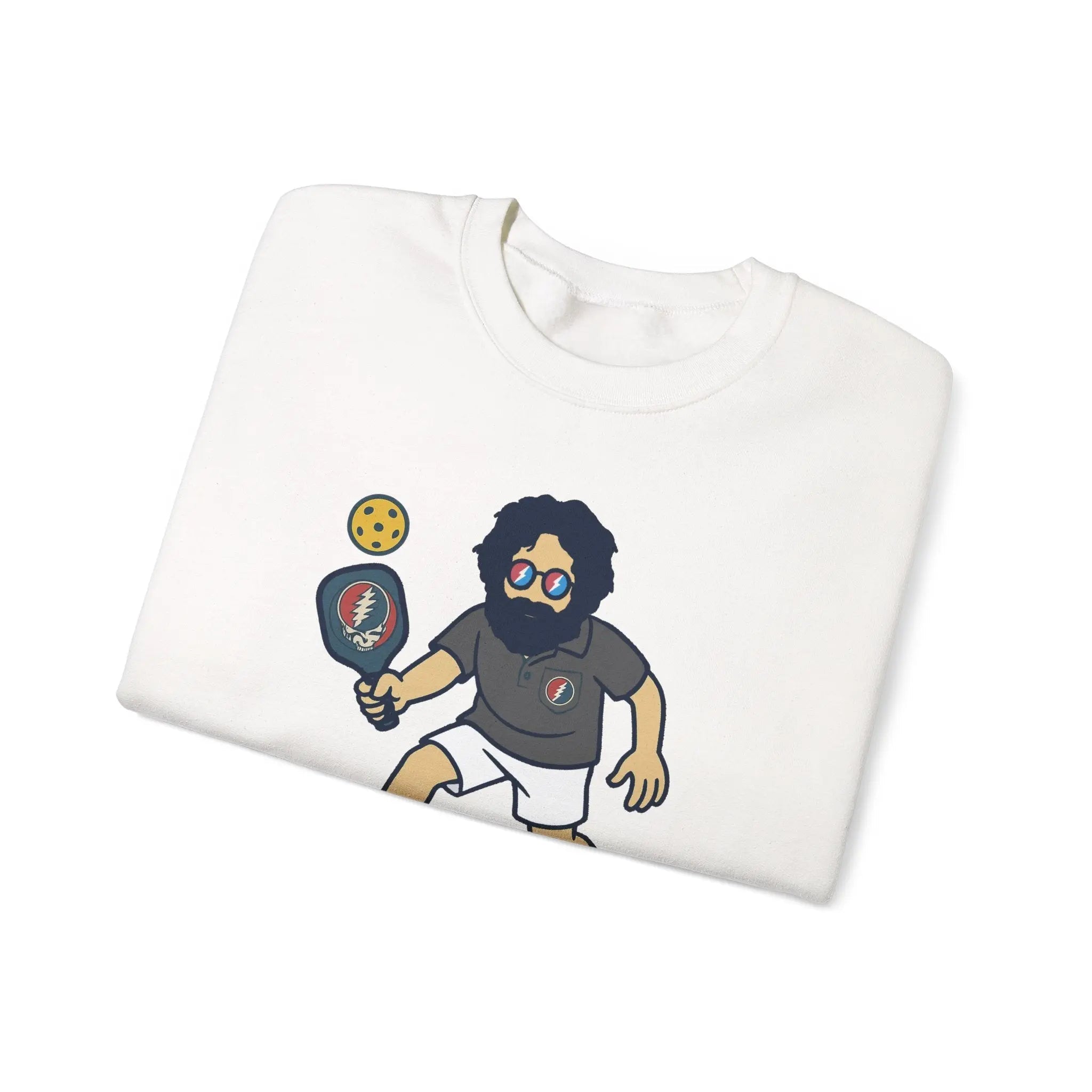 White graphic crewneck sweatshirt with cartoon character holding a pickled item