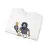 White graphic crewneck sweatshirt with cartoon character holding a pickled item