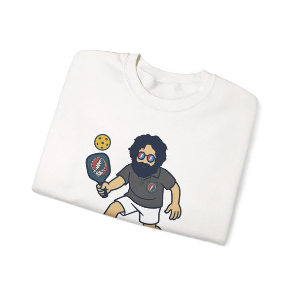 White graphic crewneck sweatshirt with cartoon character holding a pickled item