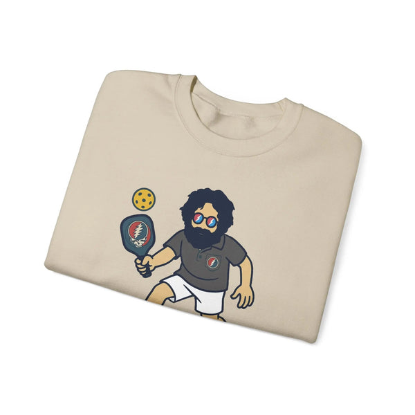 Light sand crewneck sweatshirt with character graphic and pickled-item illustration