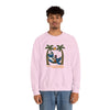 Light pink crewneck sweatshirt on model, front bear graphic with palms