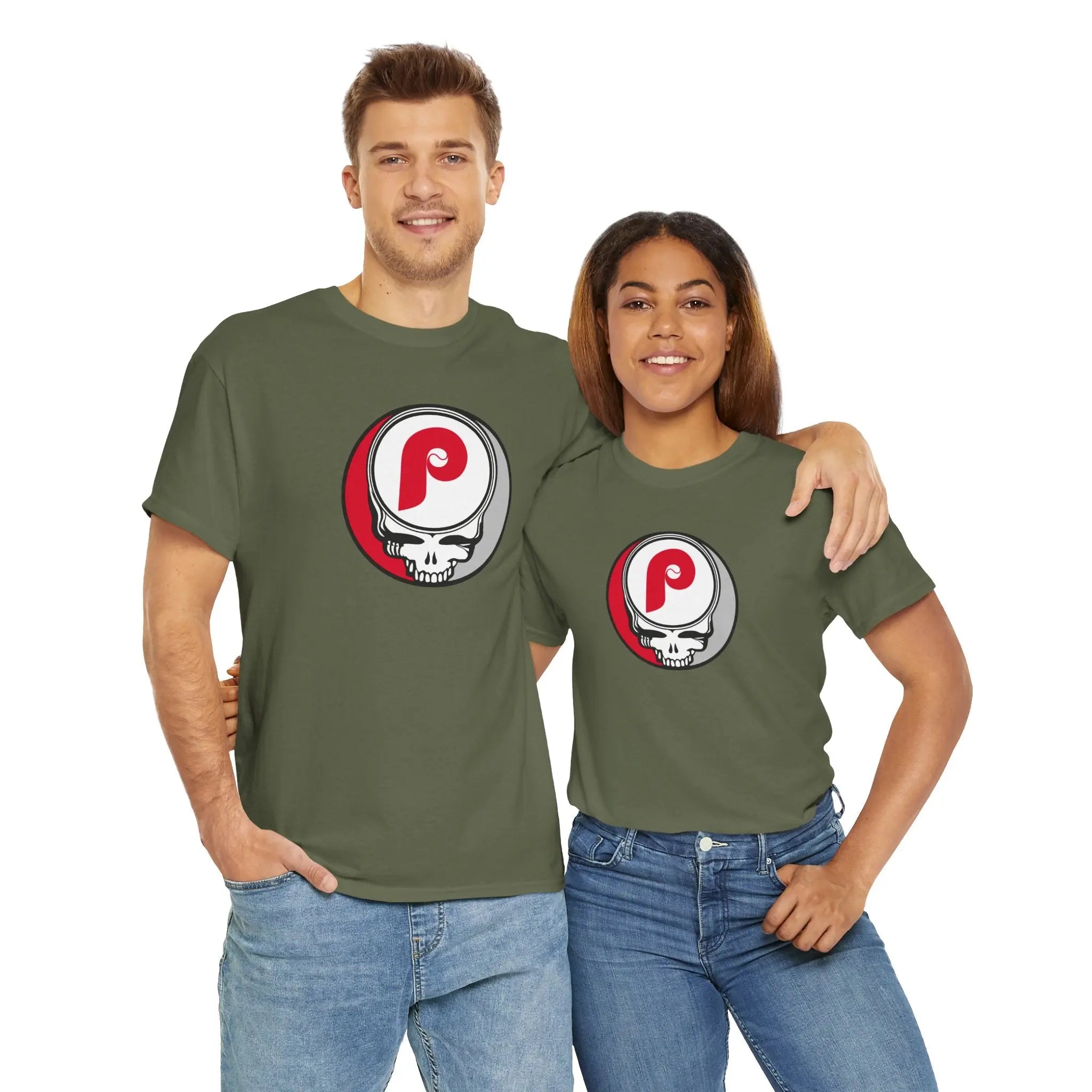 Dark green short-sleeve T-shirt with circular P skull team logo