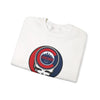 White crewneck sweatshirt folded, featuring circular Chicago graphic skull logo