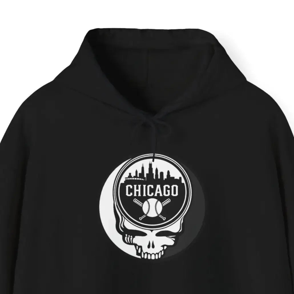 Black hoodie with front pouch pocket, drawstring hood, and circular Chicago Stealie graphic