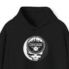 Black hoodie with front pouch pocket, drawstring hood, and circular Chicago Stealie graphic