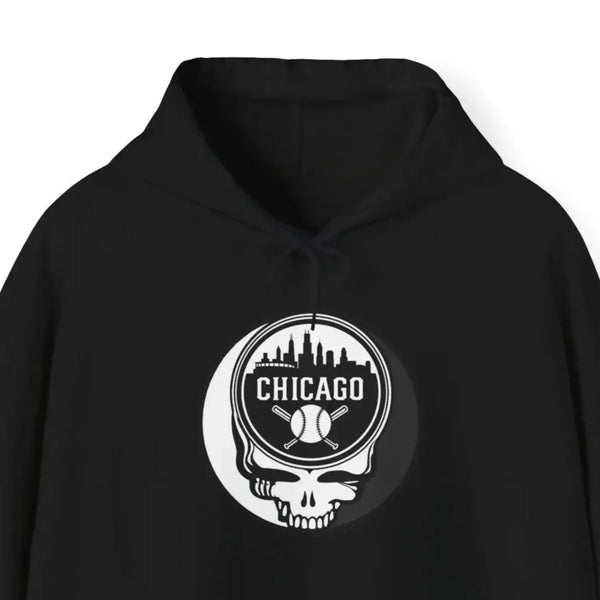 Black hoodie with front pouch pocket, drawstring hood, and circular Chicago Stealie graphic