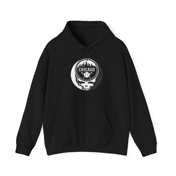 Black hoodie front view with drawstring hood and Chicago Stealie circular logo