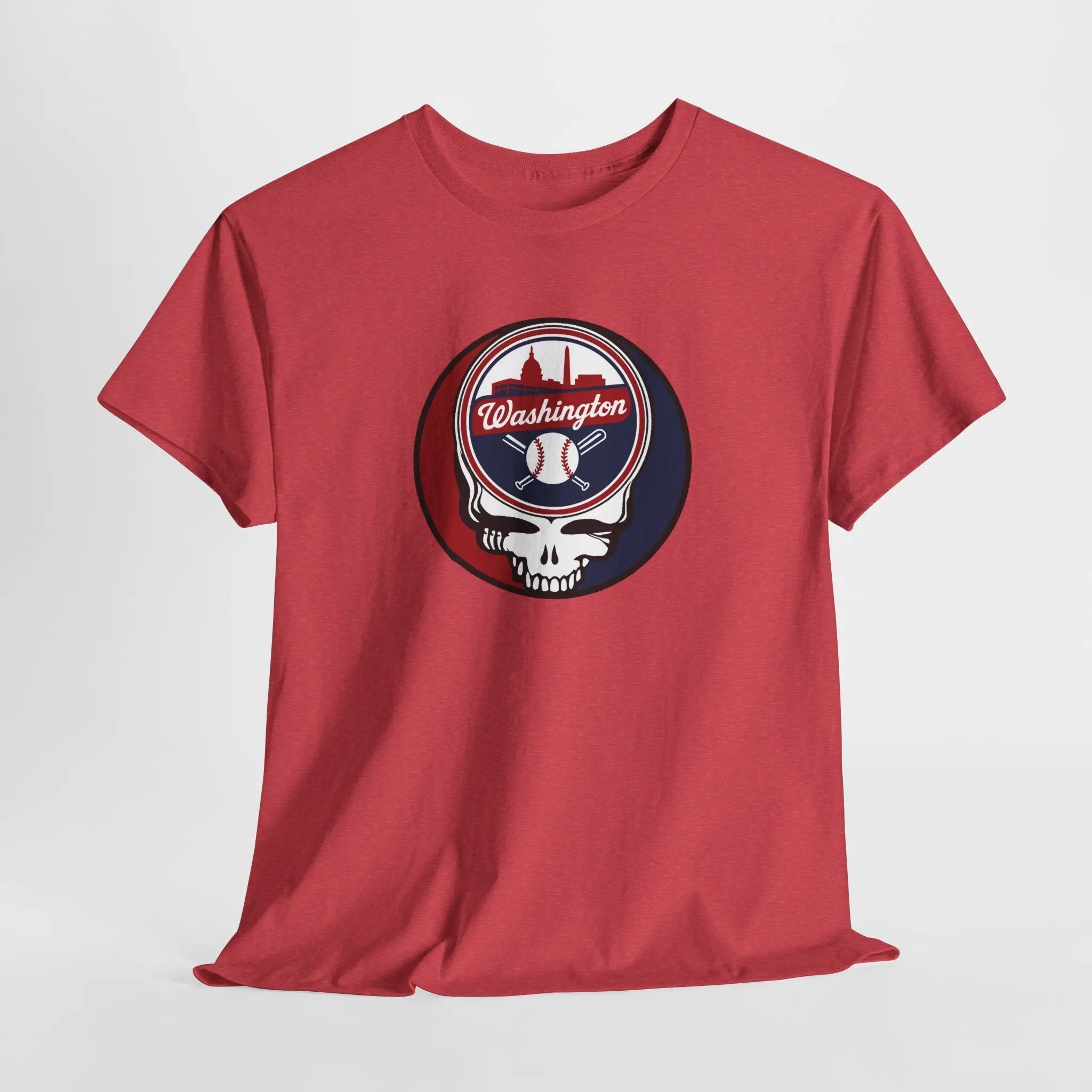 Red crewneck T-shirt with circular Washington baseball skull logo graphic