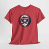 Red crewneck T-shirt with circular Washington baseball skull logo graphic