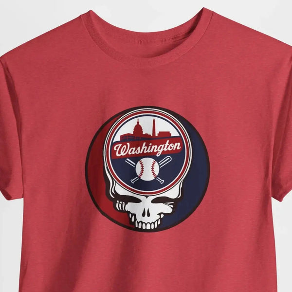 Red crewneck T-shirt with circular Washington baseball skull logo graphic