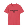 Two-sided print T-shirt in red with "LIFE IS DEAD" text and small globe icon