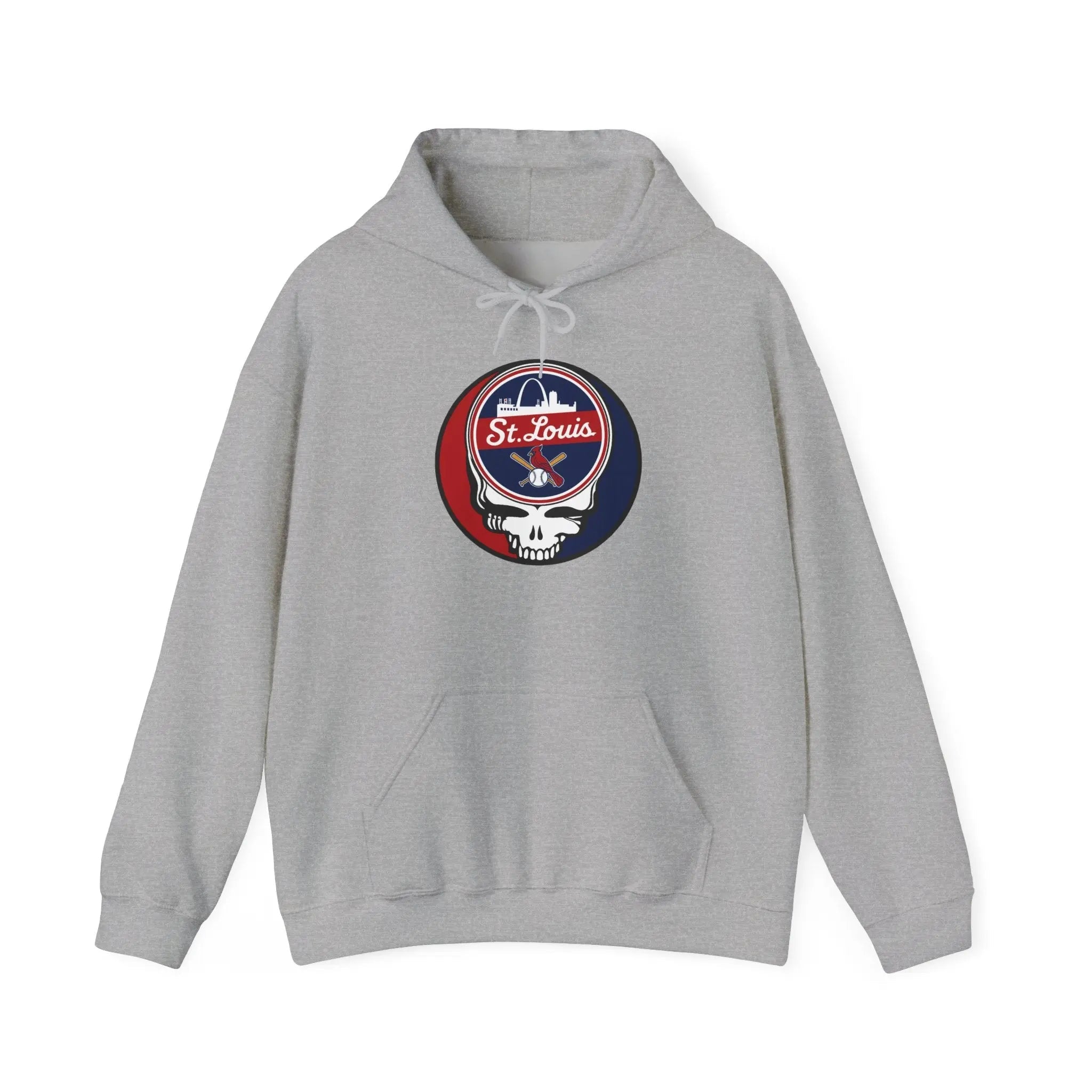 Light gray pullover hoodie with front pocket and drawstring, St. Louis Cardinals logo patch