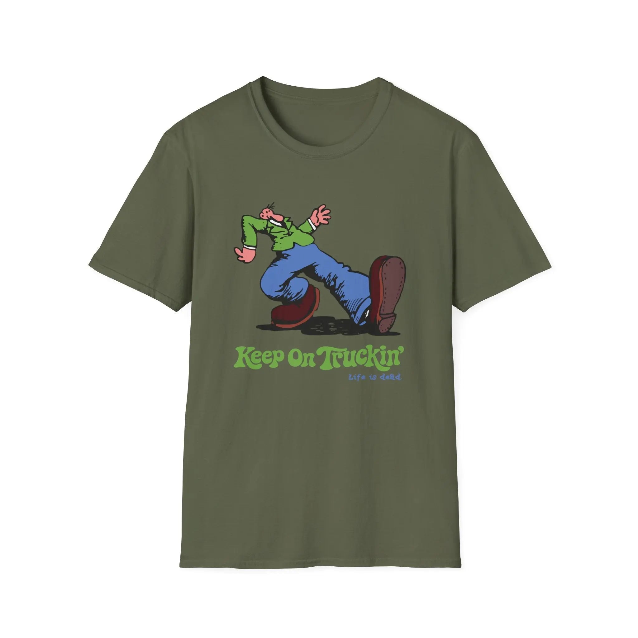 Military green graphic T-shirt with cartoon rider and 