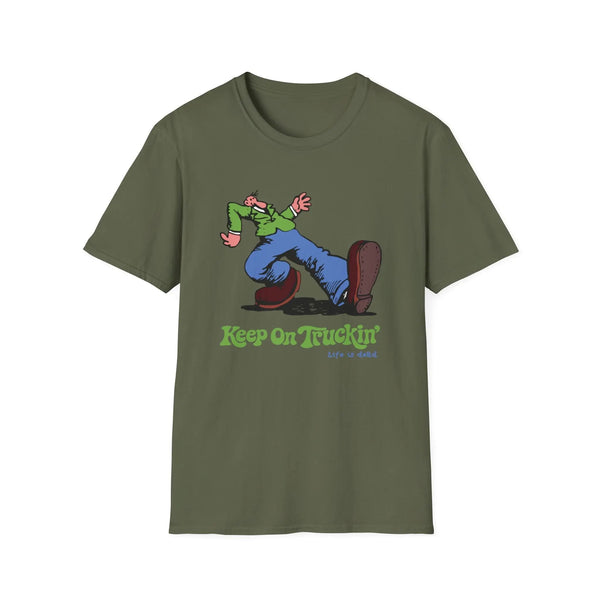 Military green graphic T-shirt with cartoon rider and "Keep On Truckin'" text on front