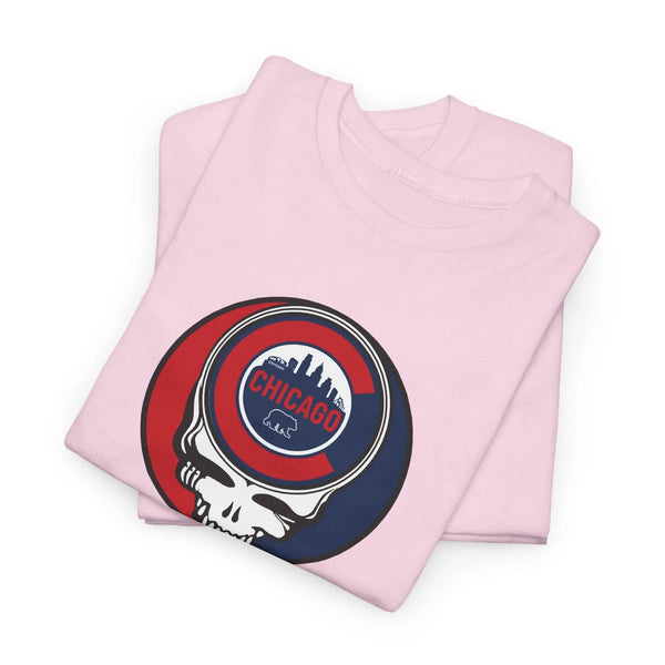 Light pink Stealie skull graphic T-shirt, folded pair with circular Chicago logo