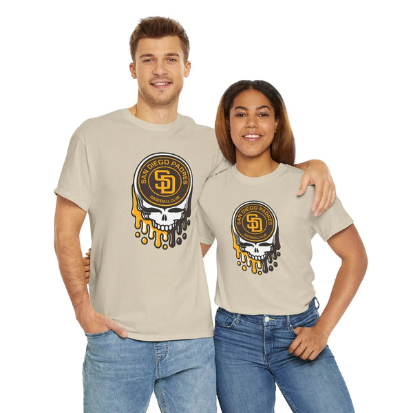 Light tan San Diego Padres logo graphic T-shirt with dripping skull front print