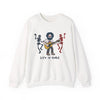 White crewneck sweatshirt with band graphic and “Life is dead.” text