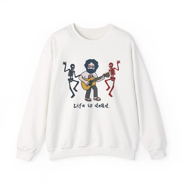 White crewneck sweatshirt with band graphic and “Life is dead.” text