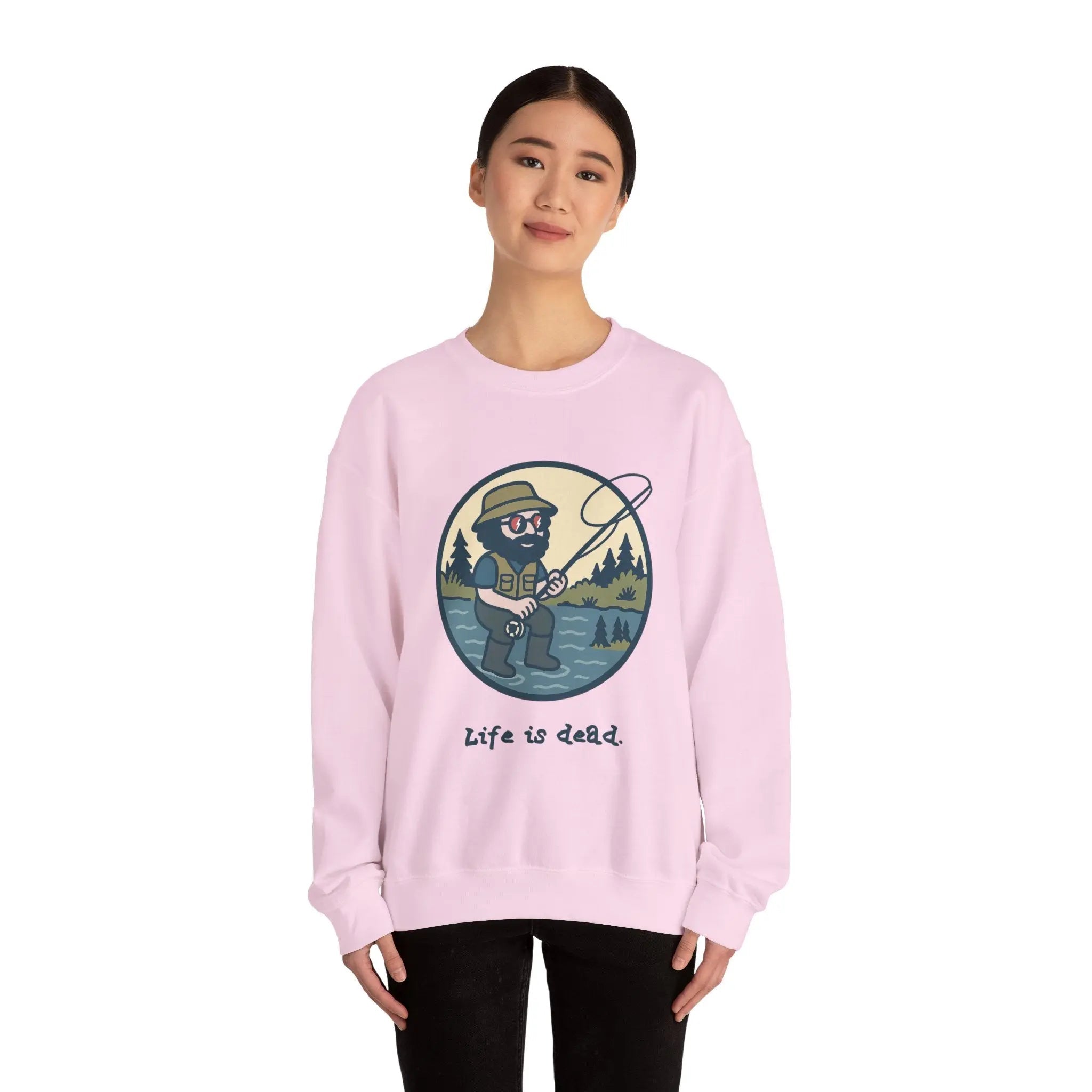 Light pink crewneck sweatshirt with fishing graphic and 'Life is dead.'
