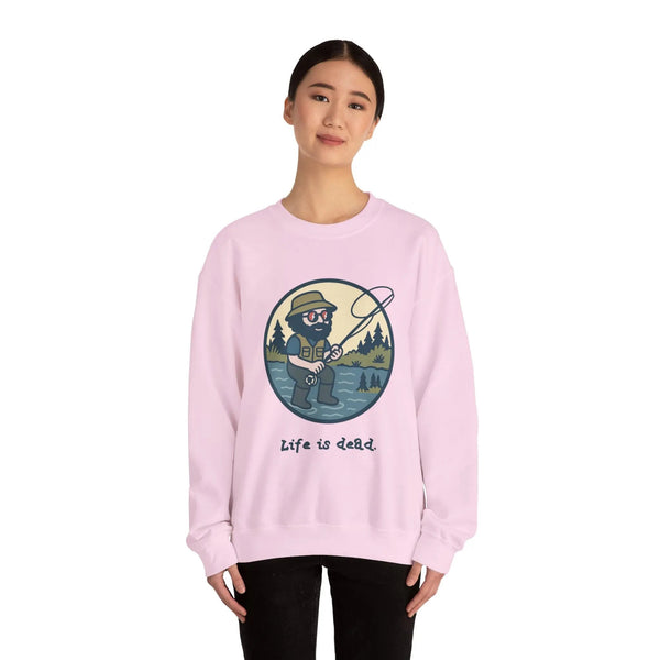 Light pink crewneck sweatshirt with fishing graphic and 'Life is dead.'