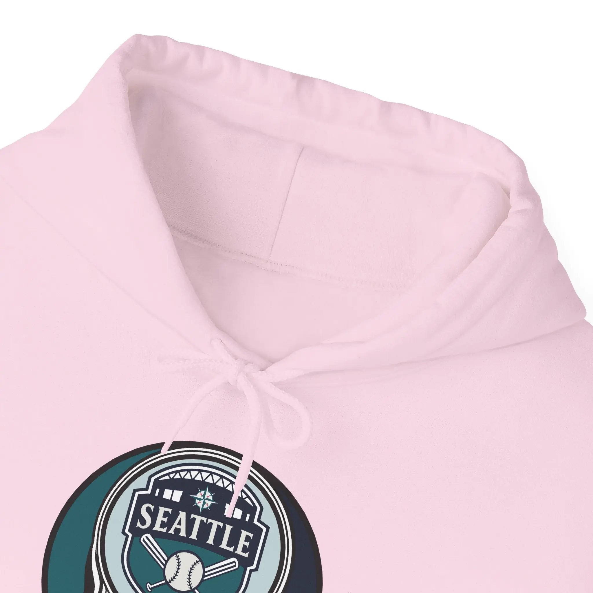 Light pink hooded sweatshirt with Seattle Mariners Stealie graphic on the chest