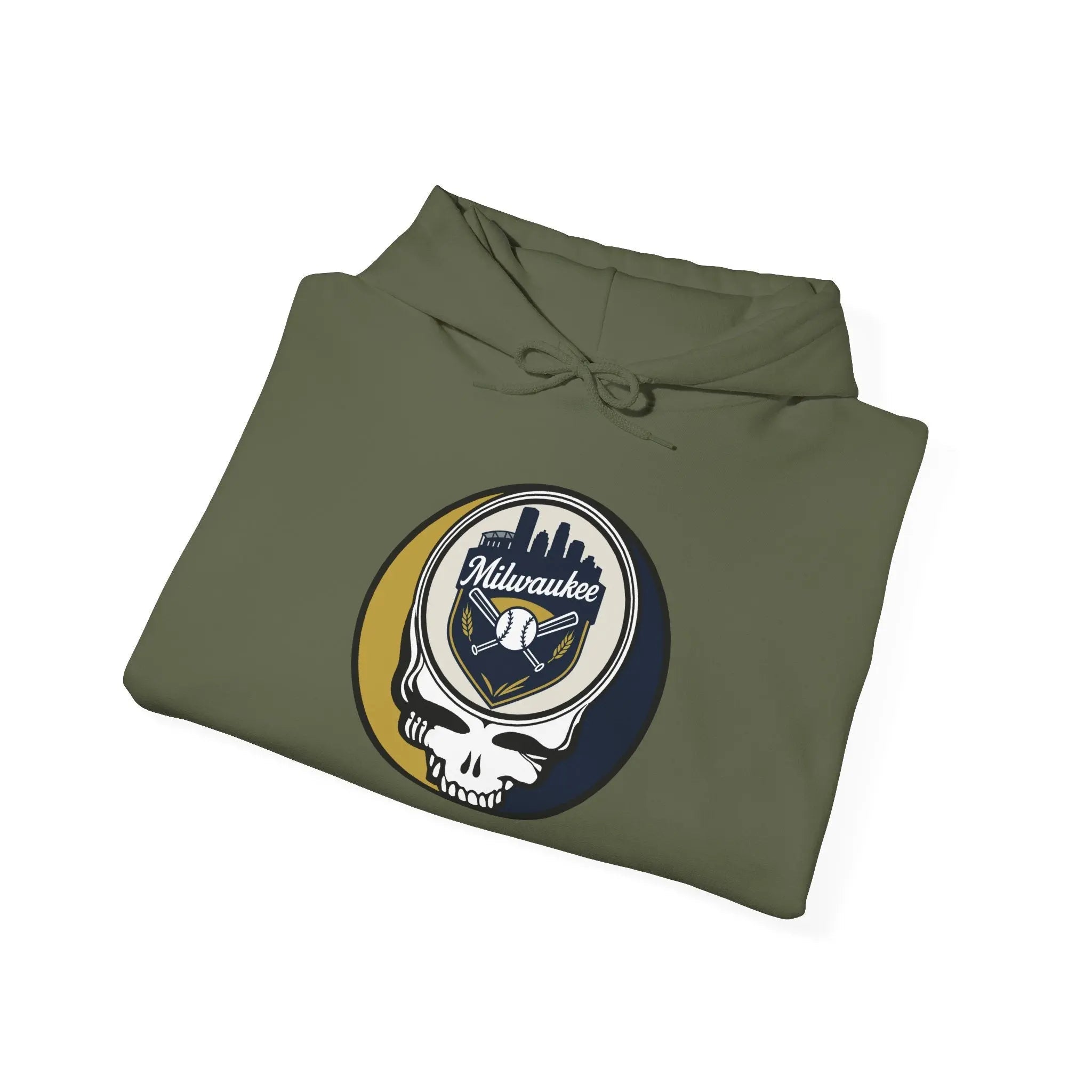 Military green hoodie with front hood and drawstring, featuring Milwaukee logo graphic.
